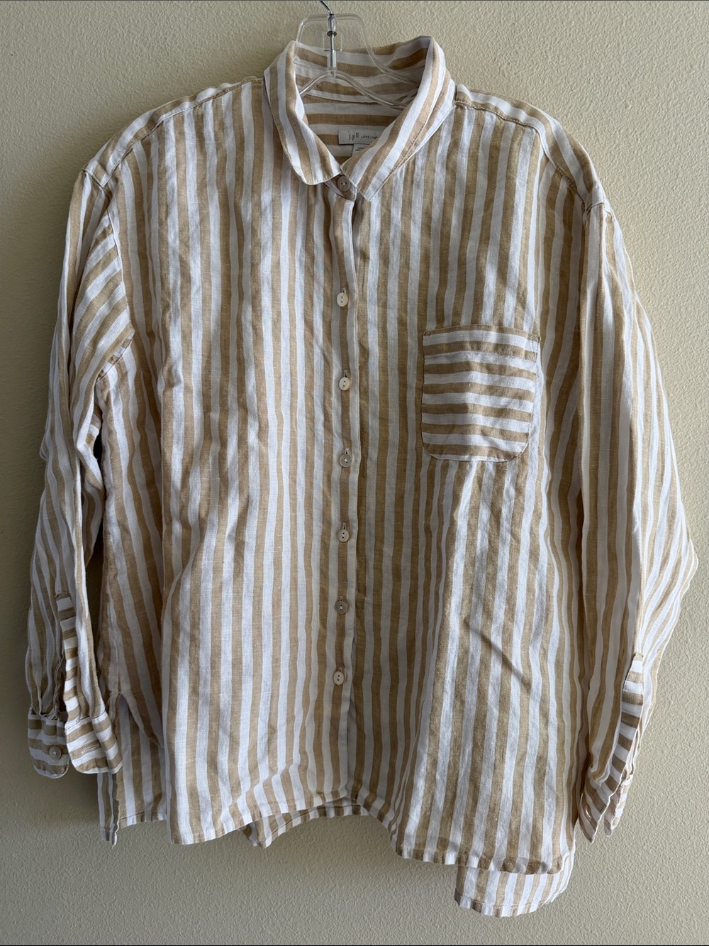 J. Jill Beige and White Striped Linen Button-Down Shirt
